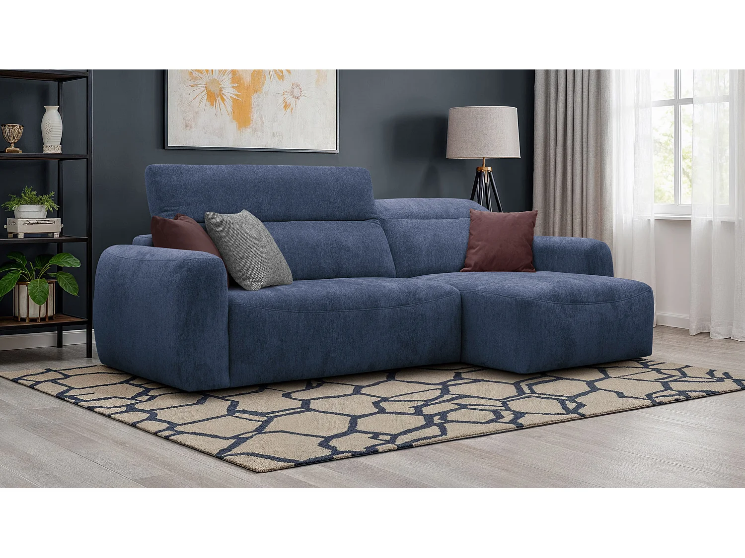 Canapé d'angle 4 places NERO, tissu bleu marine