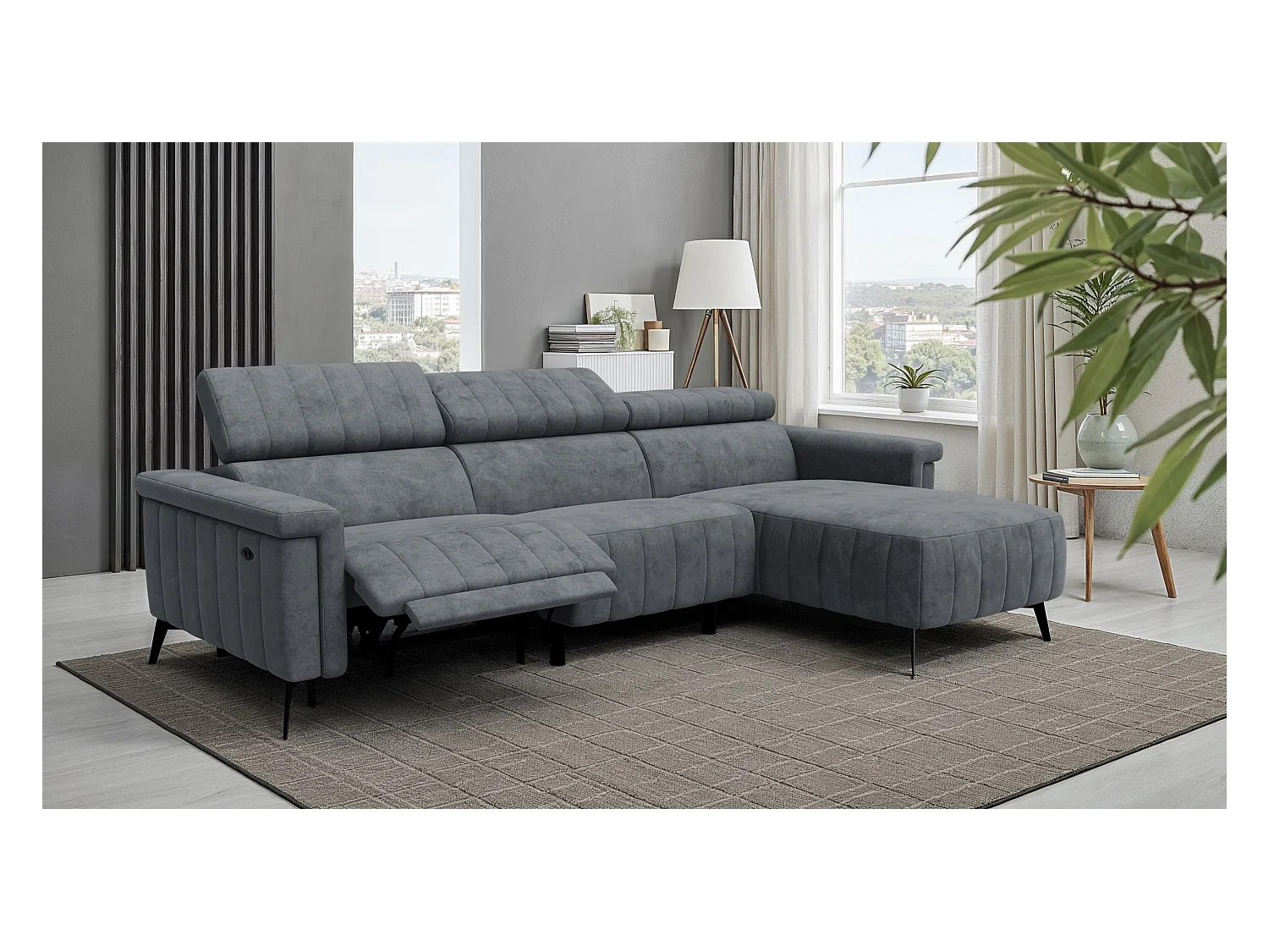 Canapé d'angle 4 places NORDEL, tissu gris foncé