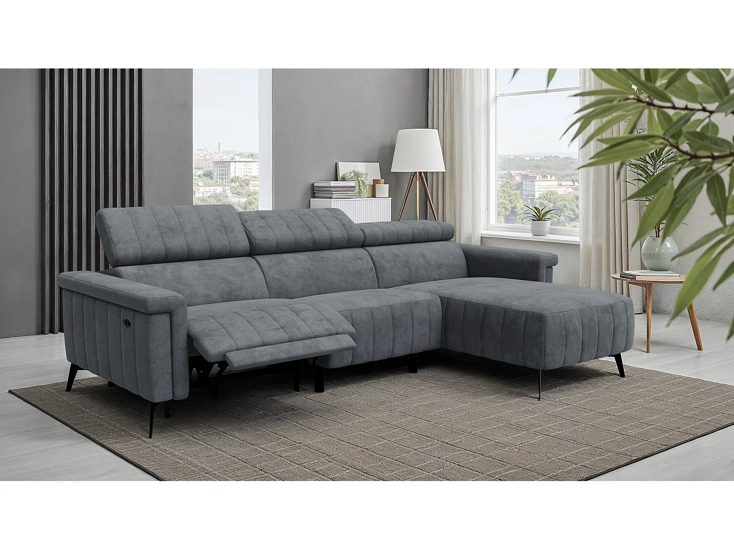 Canapé d'angle 4 places NORDEL, tissu gris foncé