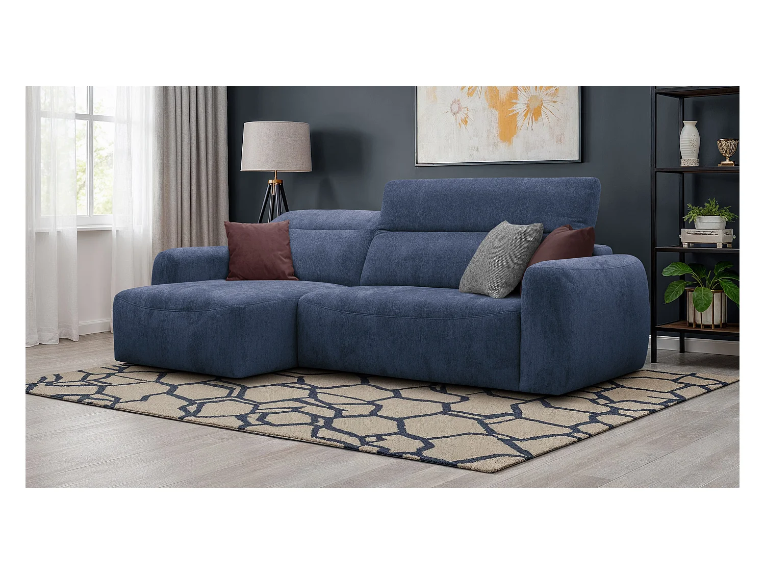 Canapé d'angle 4 places NERO, tissu bleu marine