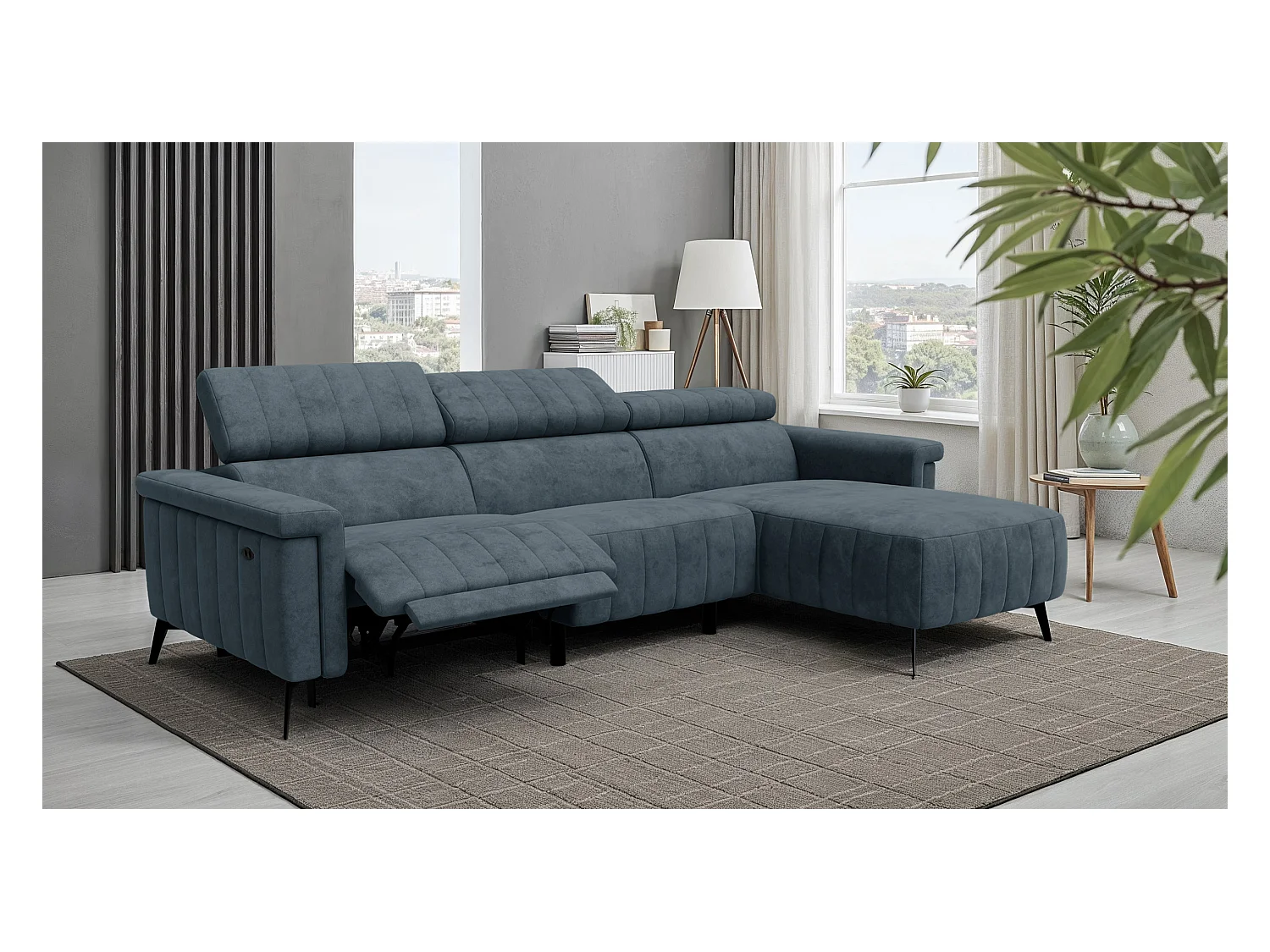 Canapé d'angle 4 places NORDEL, tissu bleu gris