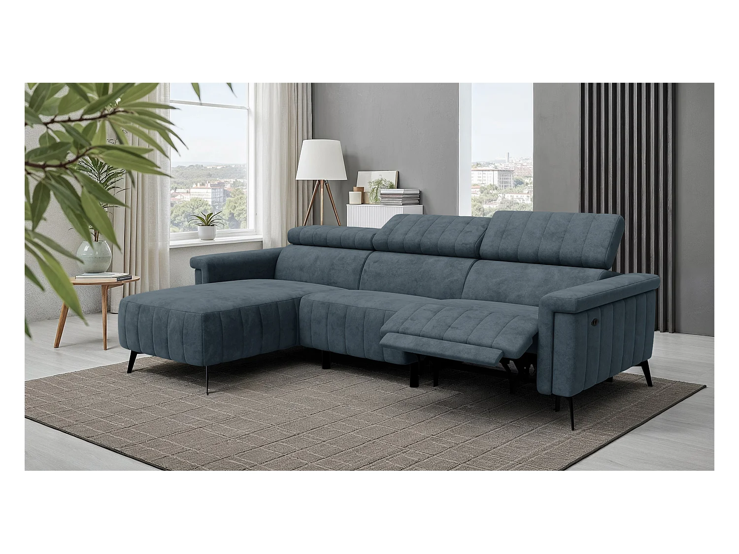 Canapé d'angle 4 places NORDEL, tissu bleu gris