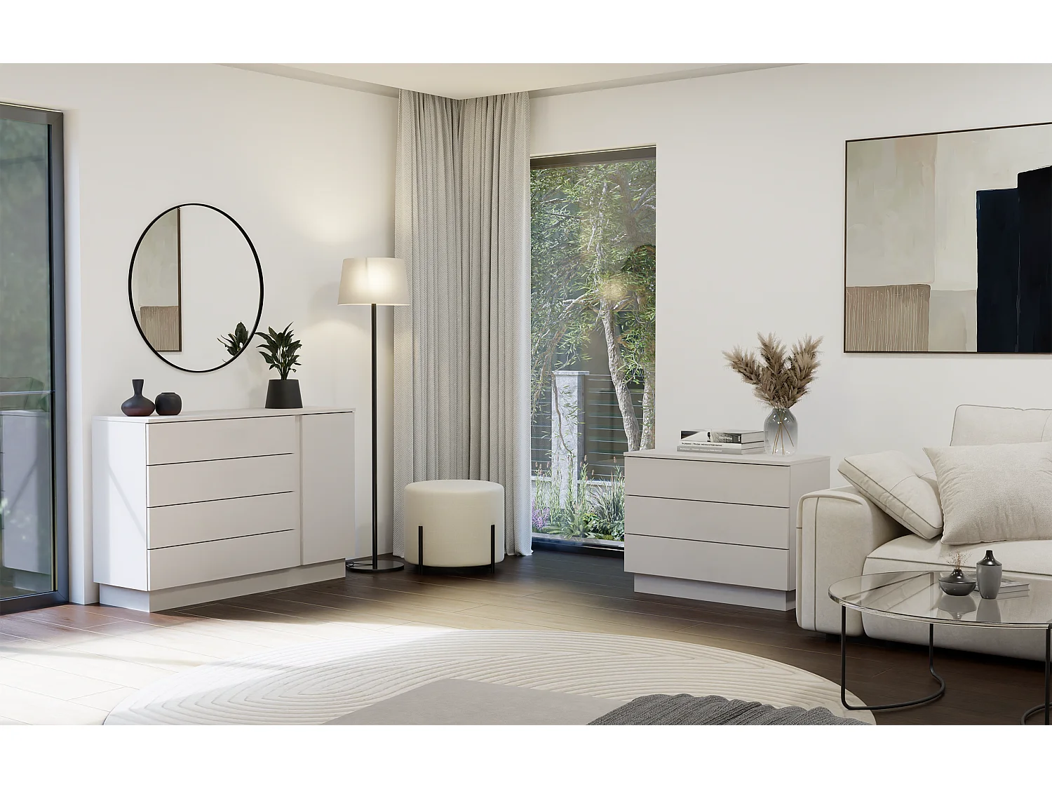 Kommode AMBER 125 cm beige Kaschmir 1 Tür 4 Schubladen modernes Design mit schwarzen Griffen