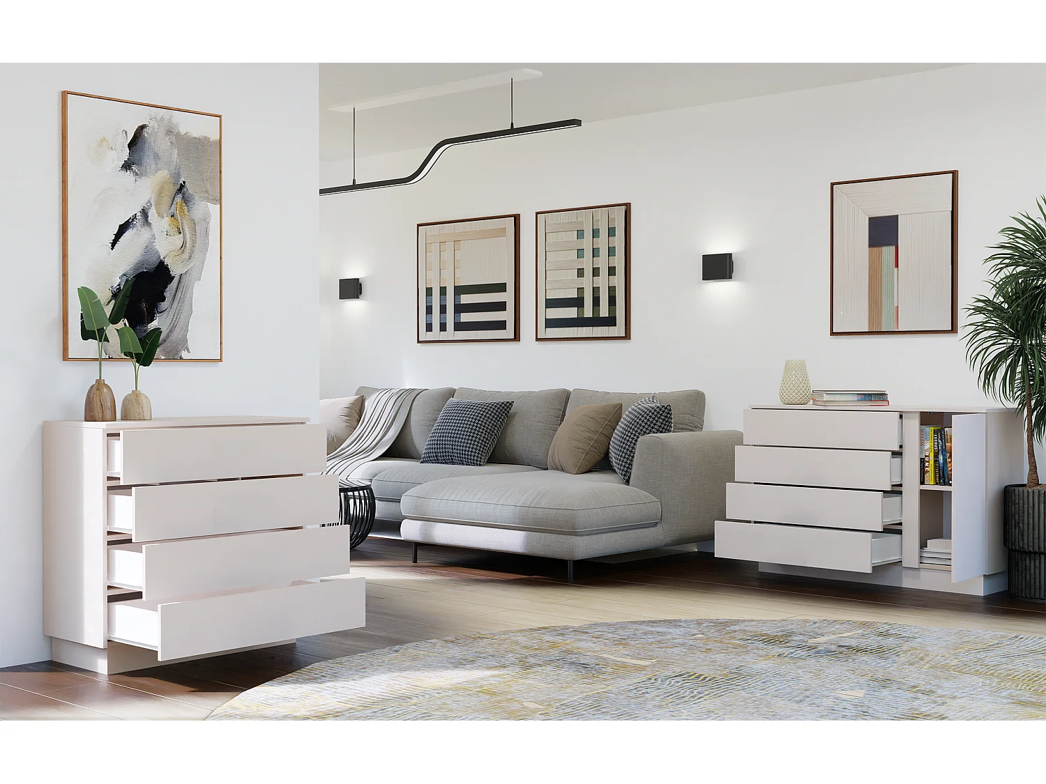 Kommode AMBER 125 cm beige Kaschmir 1 Tür 4 Schubladen modernes Design mit schwarzen Griffen