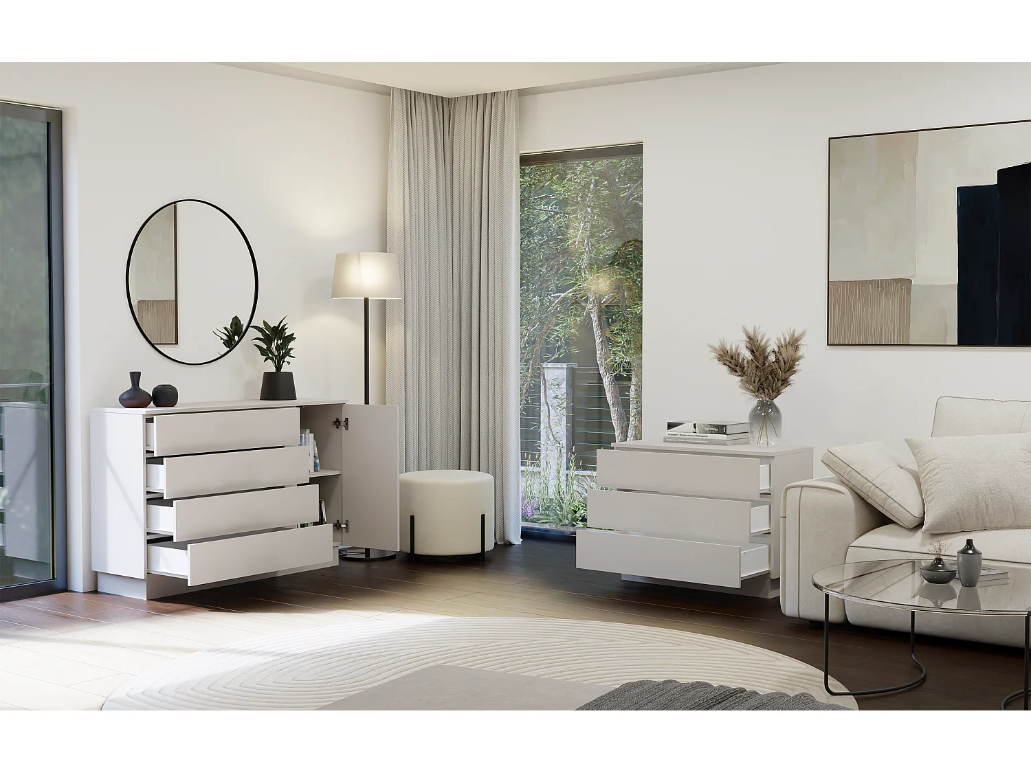 Kommode AMBER 125 cm beige Kaschmir 1 Tür 4 Schubladen modernes Design mit schwarzen Griffen