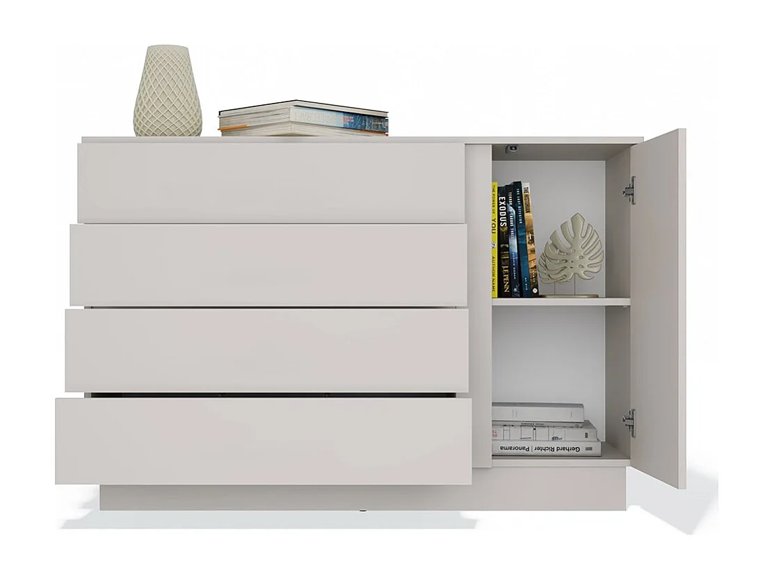 Kommode AMBER 125 cm beige Kaschmir 1 Tür 4 Schubladen modernes Design mit schwarzen Griffen