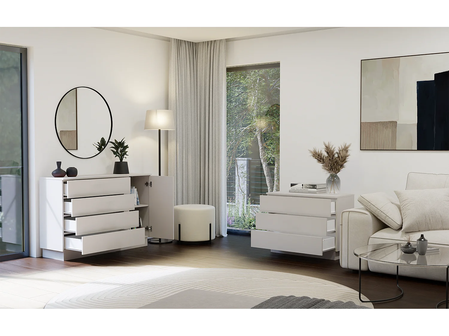 AMBER - Cassettiera 125 cm con 1 anta e 4 cassetti per camera da letto - Beige