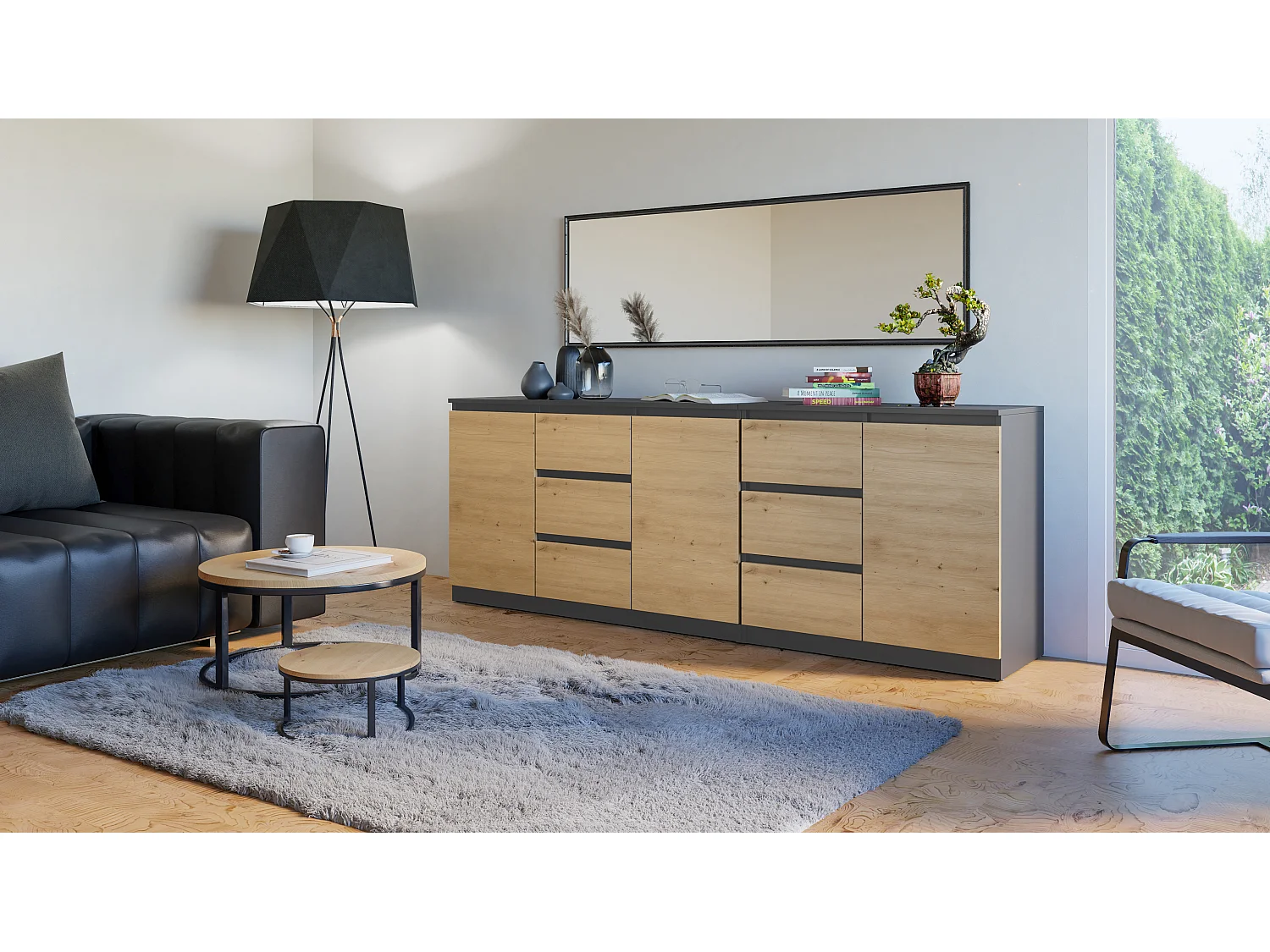 Komoda COSTA | Antracyt/Dąb Artisan | 200x40x75 cm | 3 Drzwi, 6 Szuflad