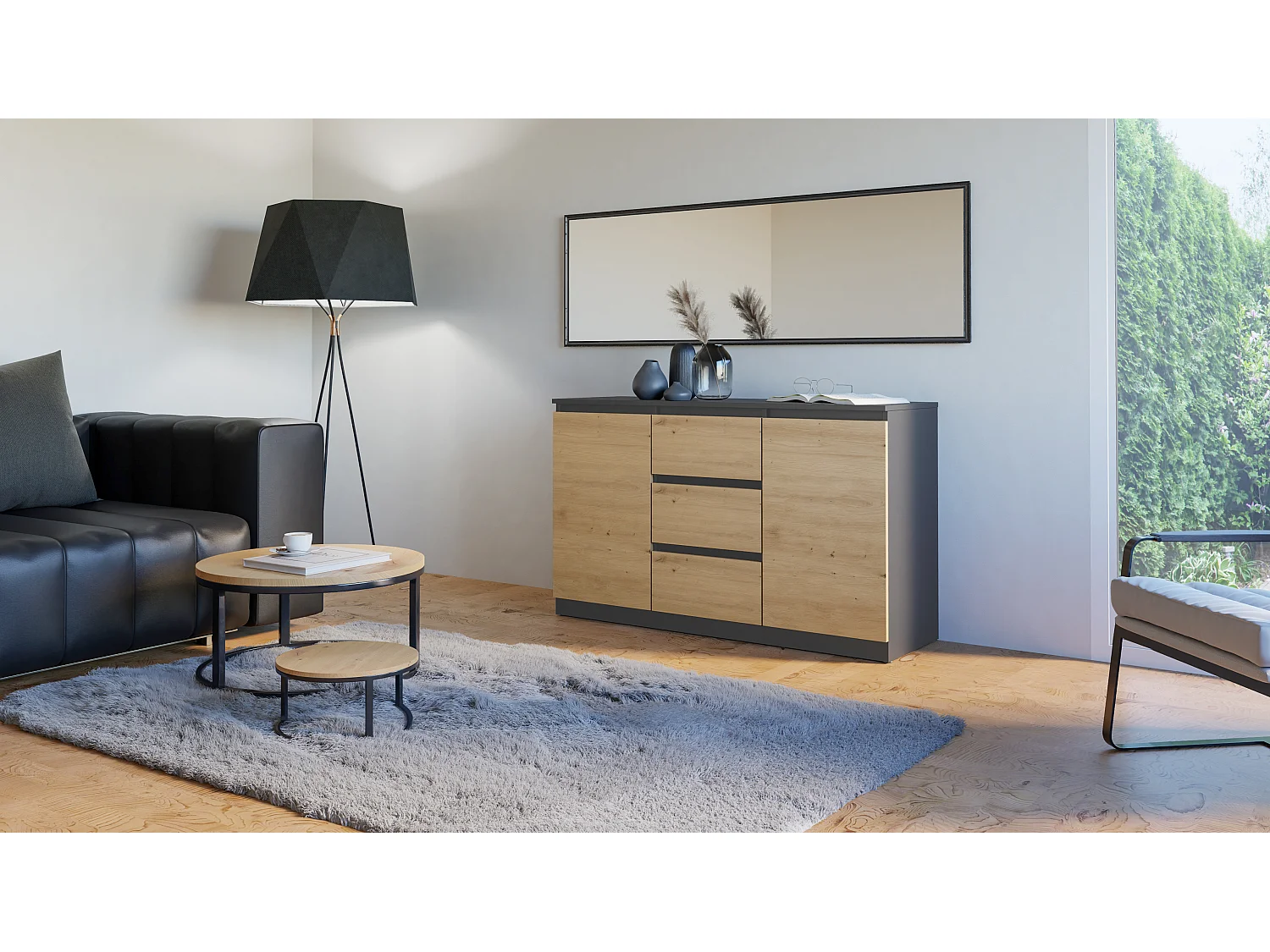 Komoda COSTA | Antracyt/Dąb Artisan | 200x40x75 cm | 3 Drzwi, 6 Szuflad