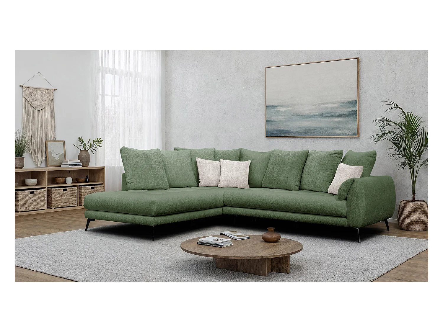 Canapé d'angle 5 places CALME, tissu olive