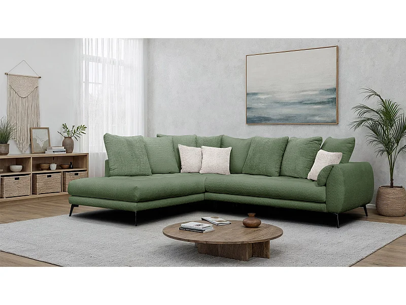 Canapé d'angle 5 places CALME, tissu olive