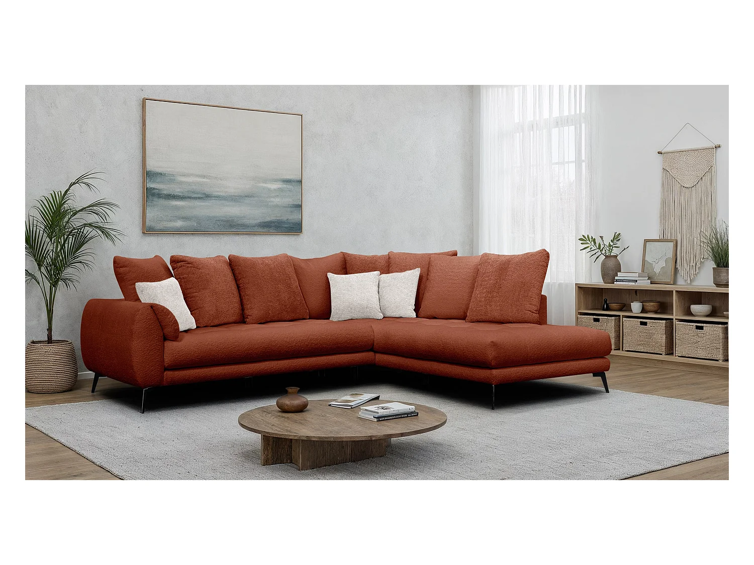 Canapé d'angle 5 places CALME, tissu orange foncé