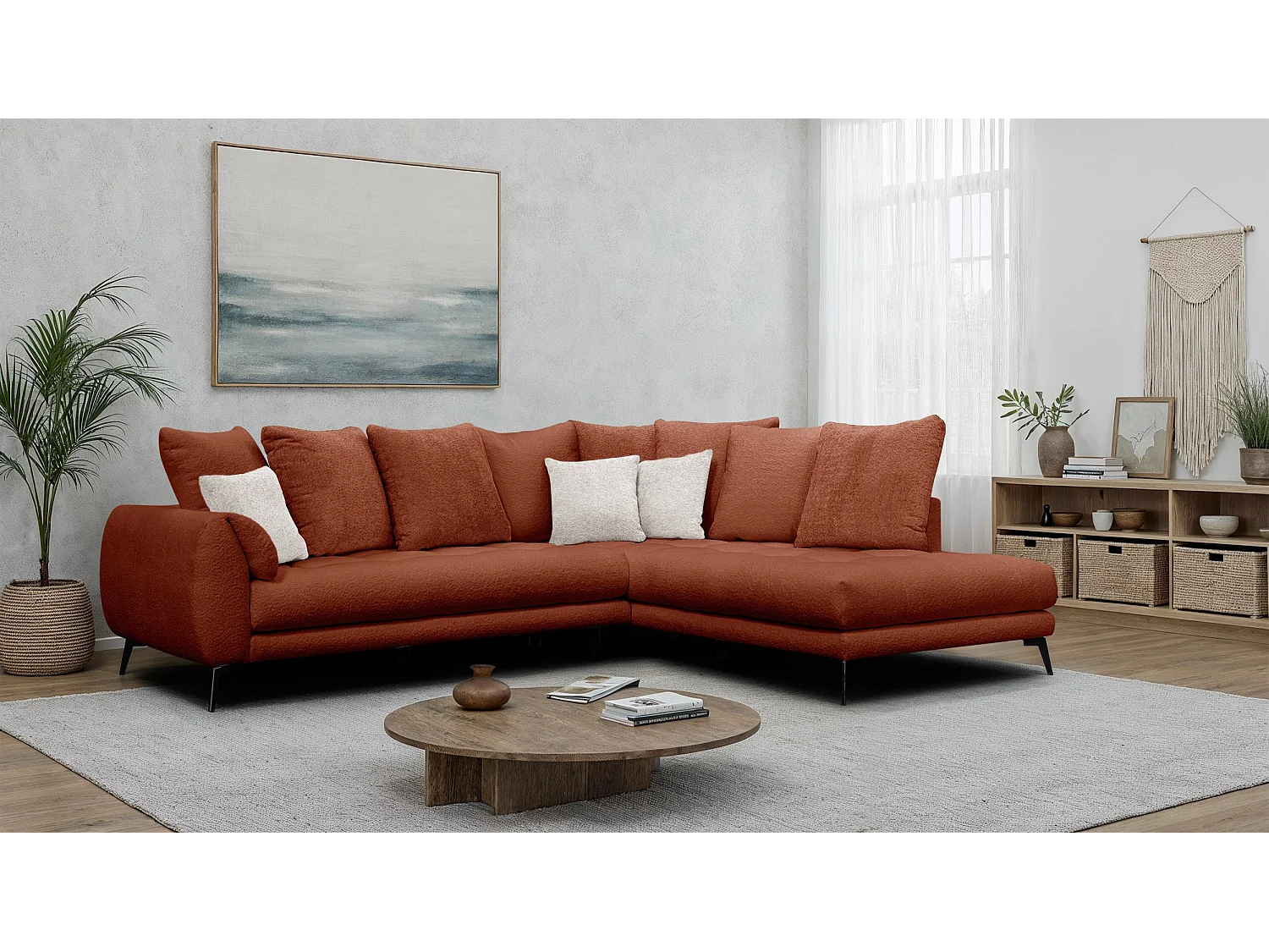 Canapé d'angle 5 places CALME, tissu orange foncé