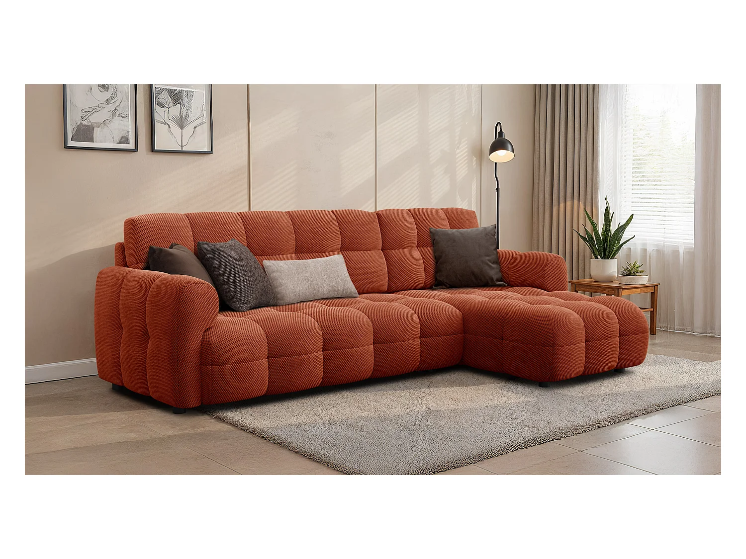 CANAPÉ D'ANGLE MELLOW 4 places, tissu orange