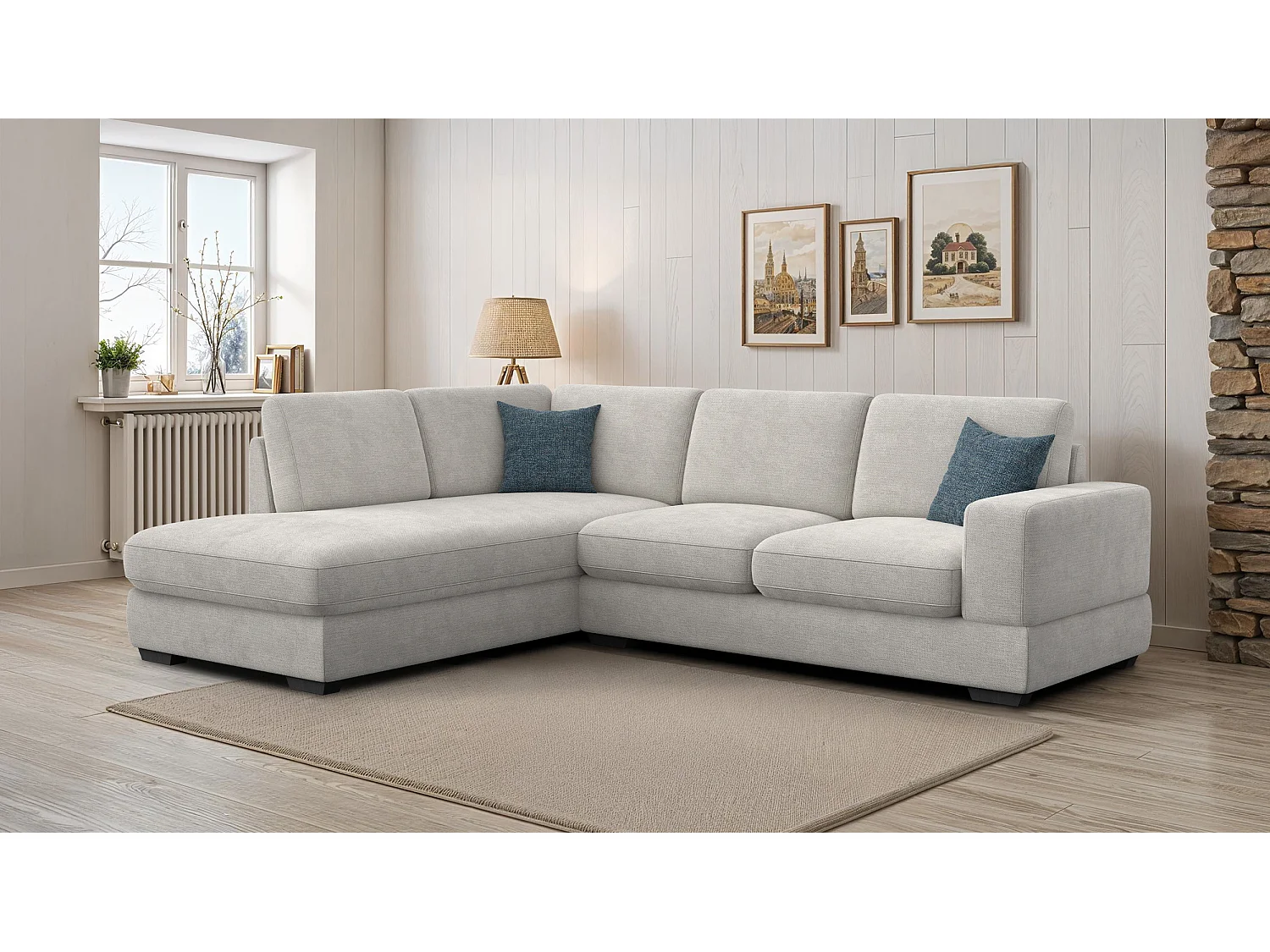 Canapé d'angle gauche 5 places OTTO, tissu crème