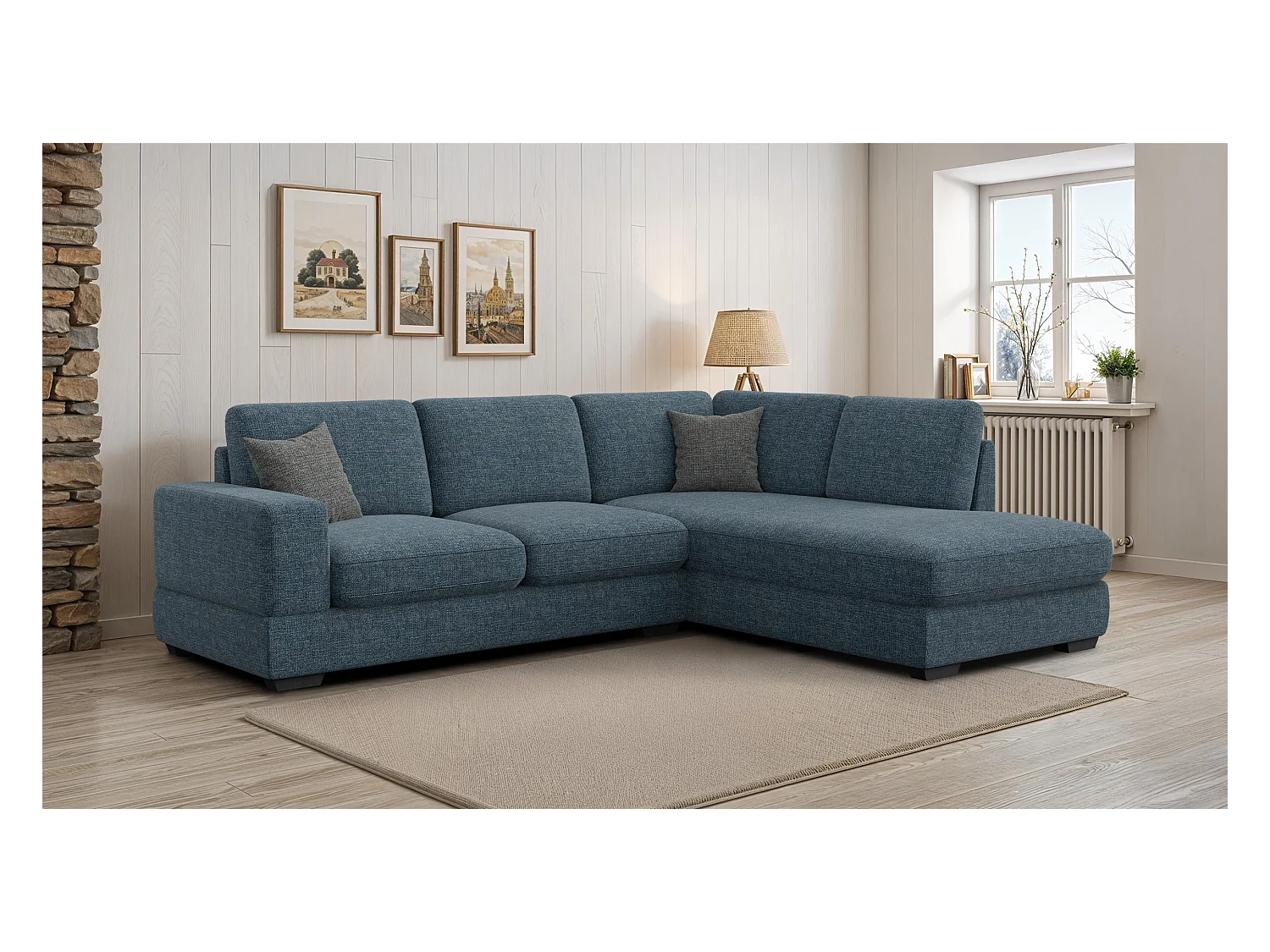 Canapé d'angle droit 5 places OTTO, tissu bleu marine