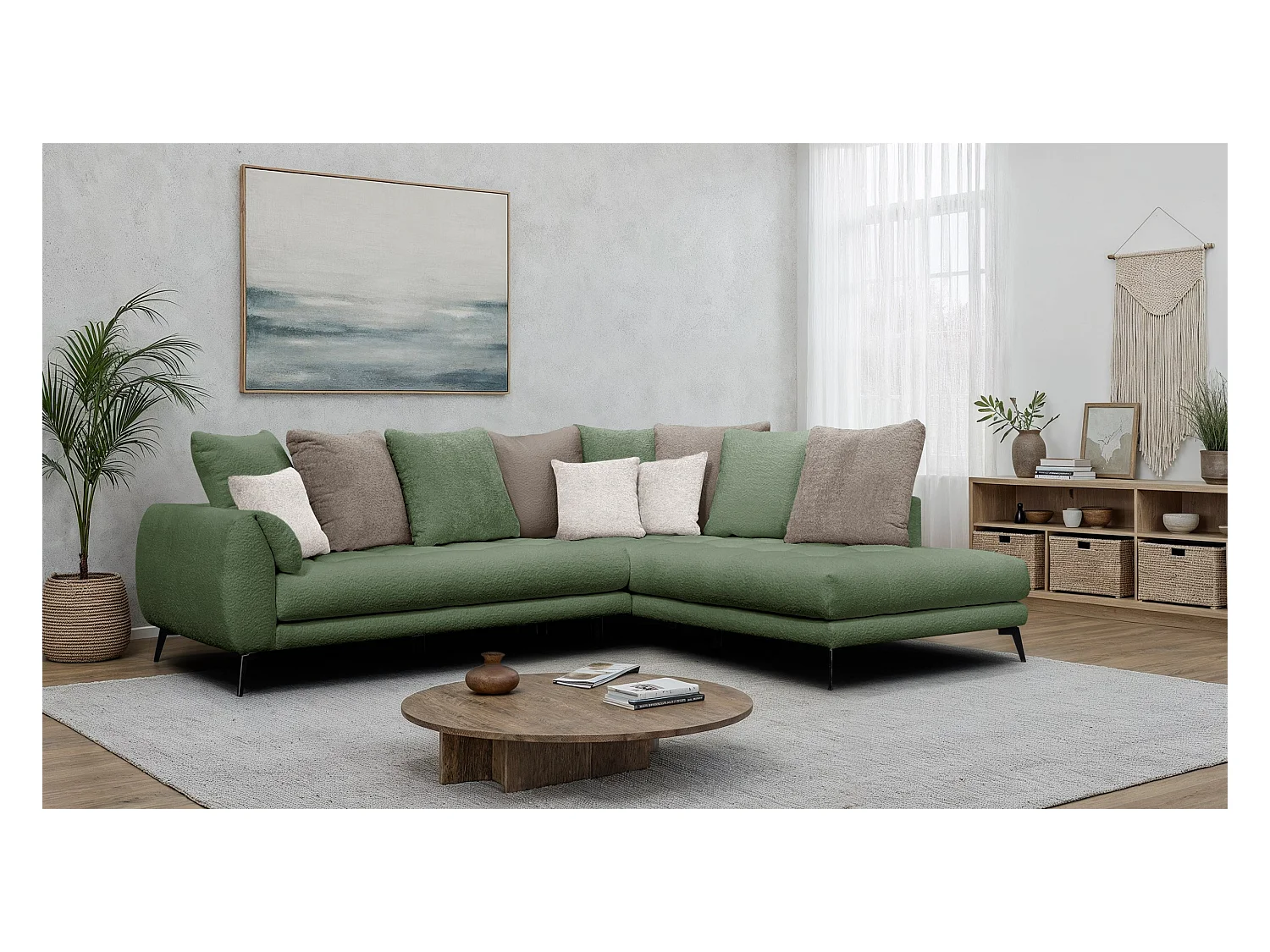 Canapé d'angle 5 places CALME, tissu olive et beige