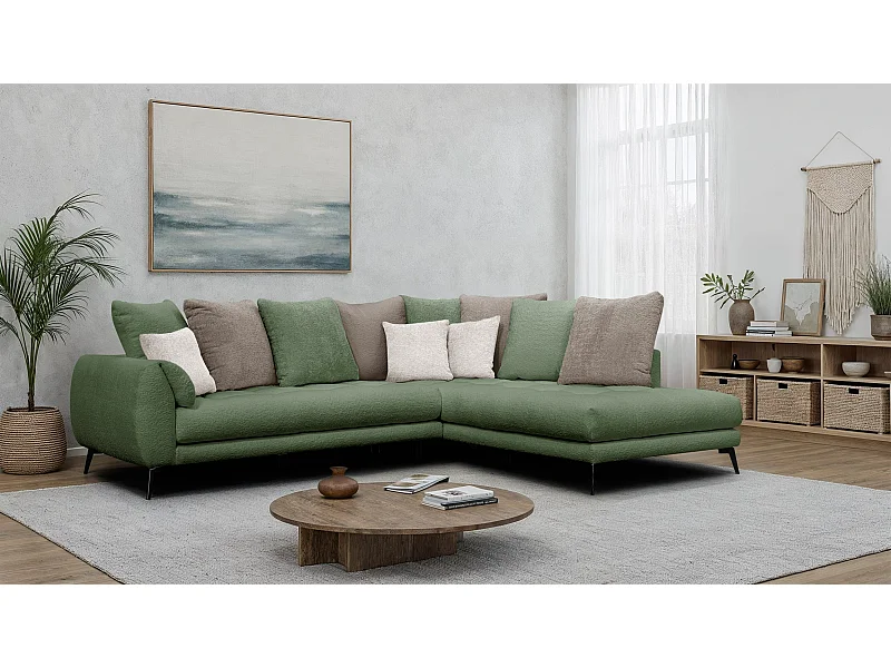 Canapé d'angle 5 places CALME, tissu olive et beige