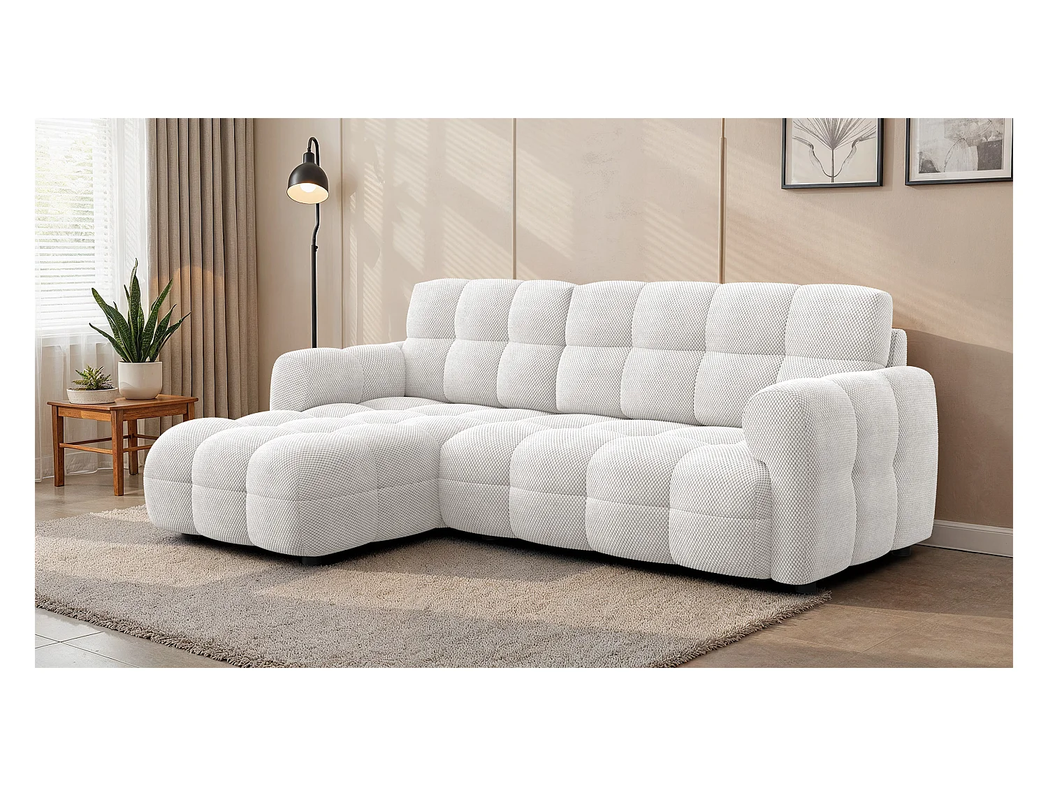 CANAPÉ D'ANGLE MELLOW 3 places, tissu crème