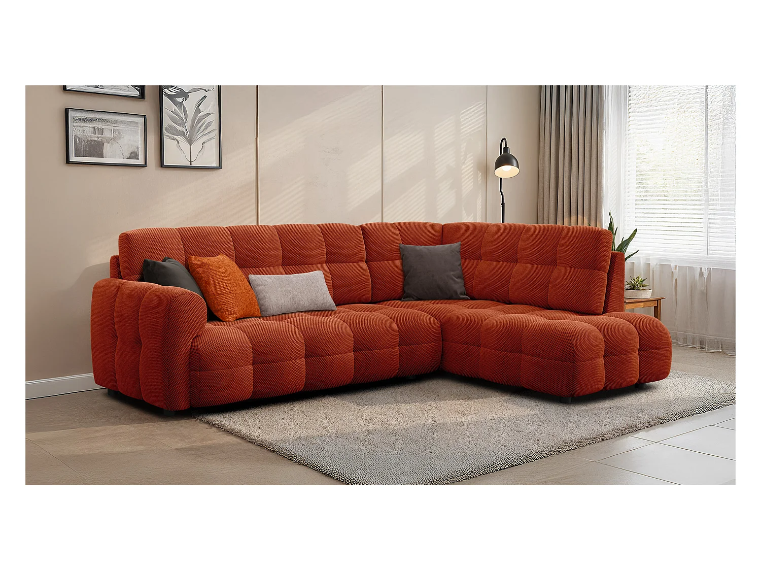 CANAPÉ D'ANGLE MELLOW 5 places, tissu orange