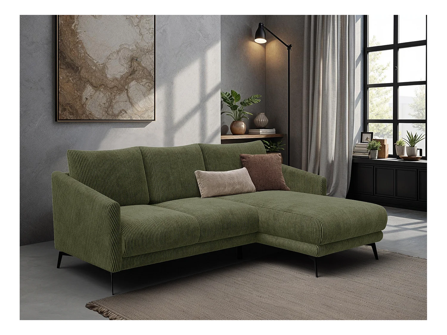 Canapé d'angle droit 3 places VILT, tissu olive