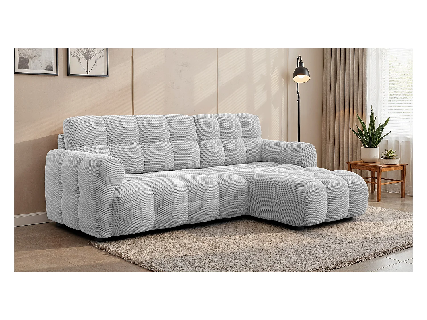 CANAPÉ D'ANGLE MELLOW 3 places, tissu gris clair