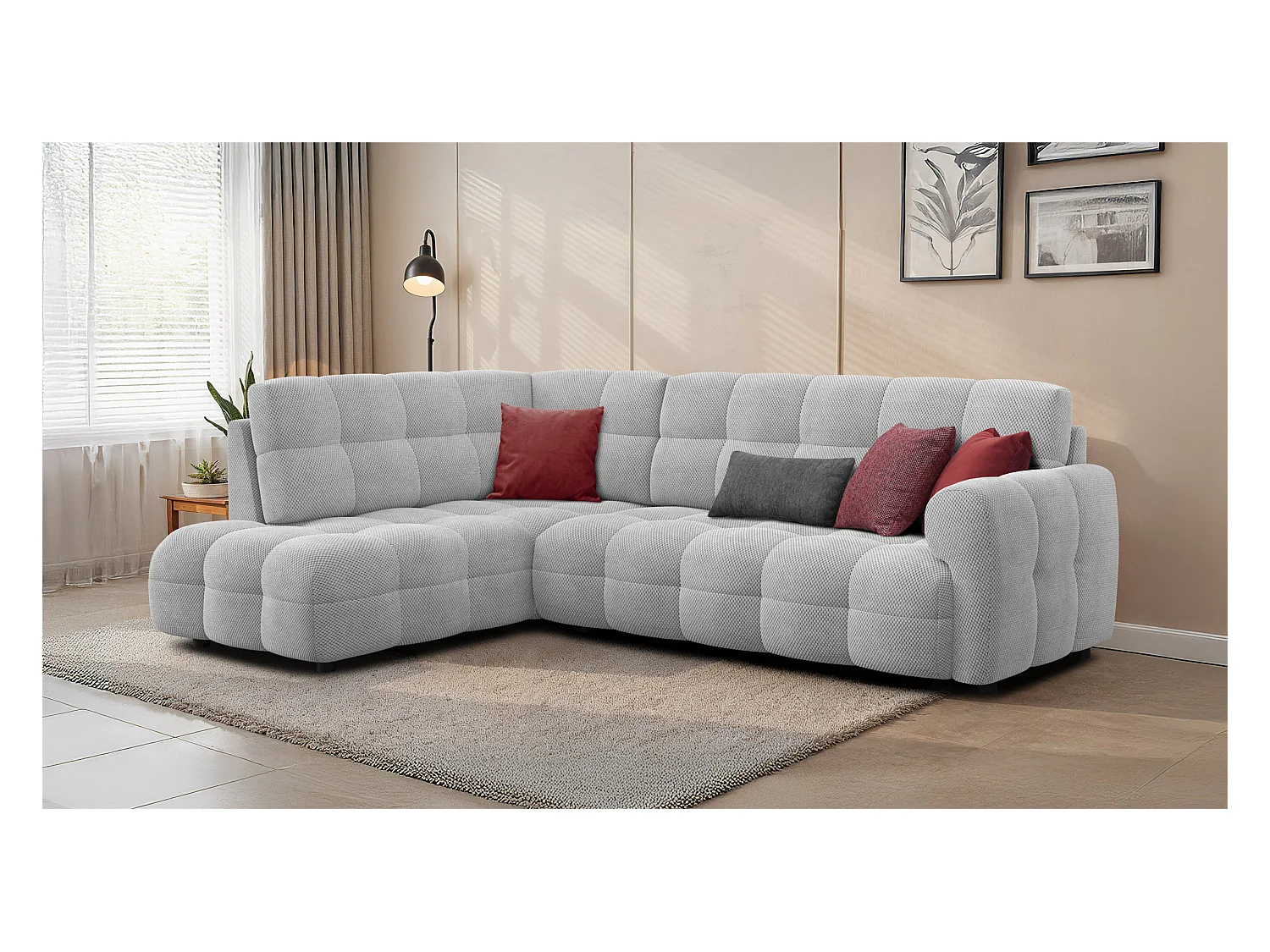 CANAPÉ D'ANGLE MELLOW 5 places, tissu gris clair