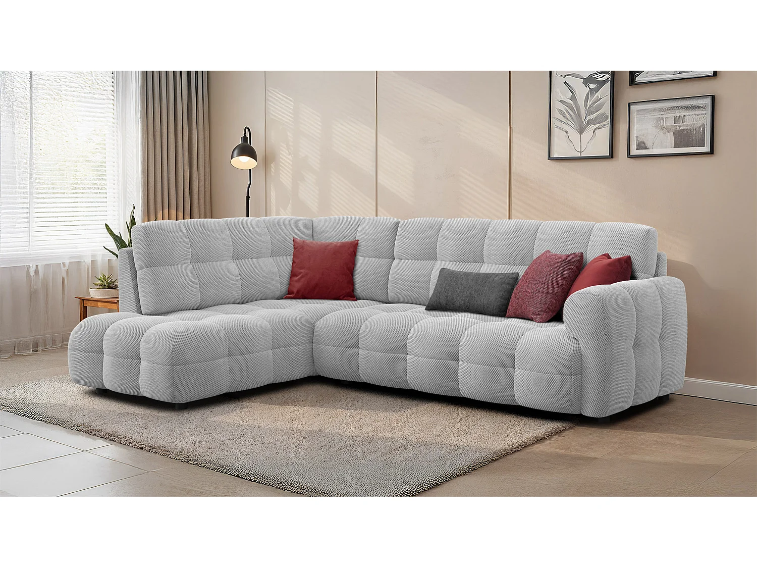 CANAPÉ D'ANGLE MELLOW 5 places, tissu gris clair