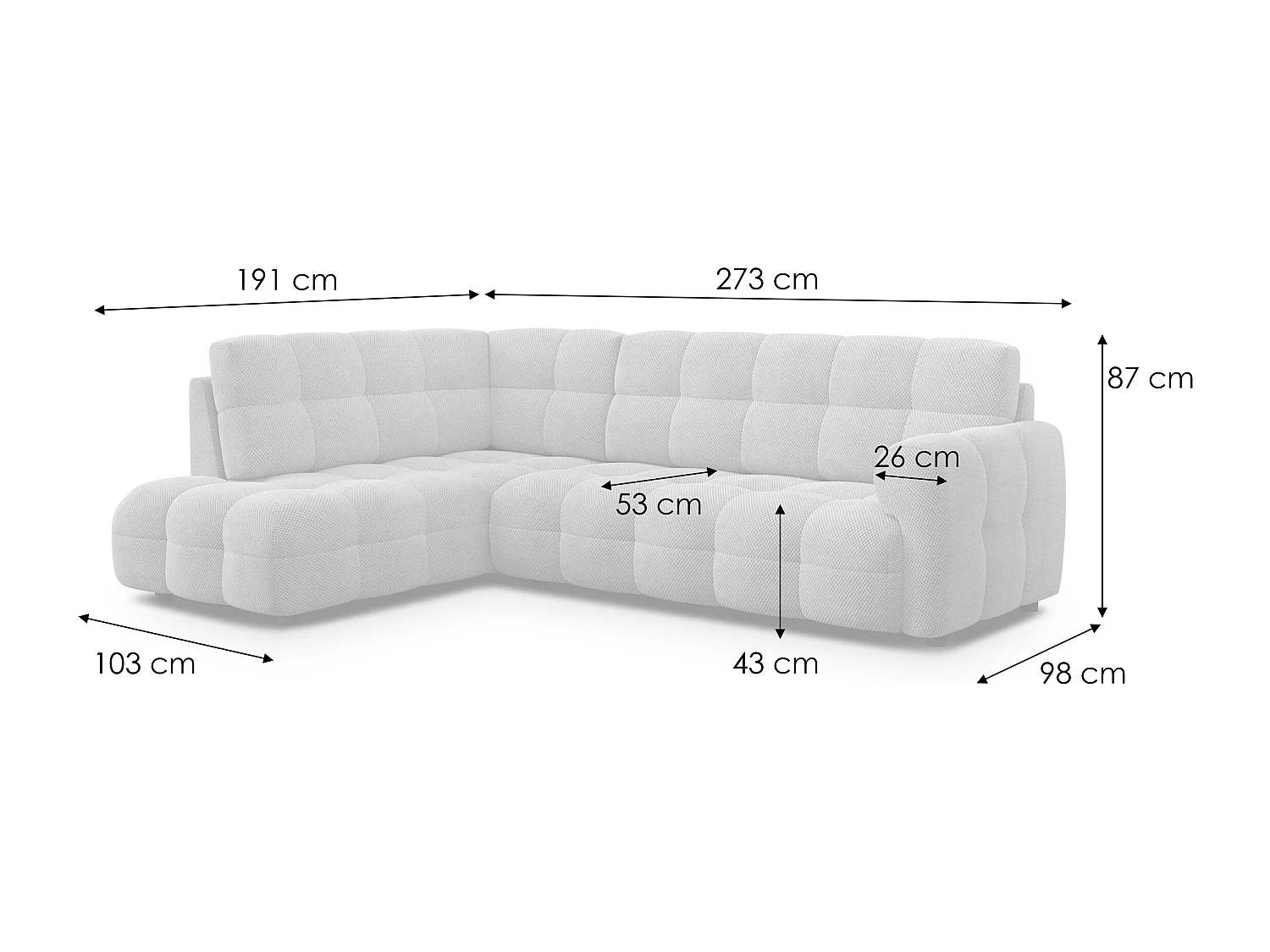 CANAPÉ D'ANGLE MELLOW 5 places, tissu gris clair