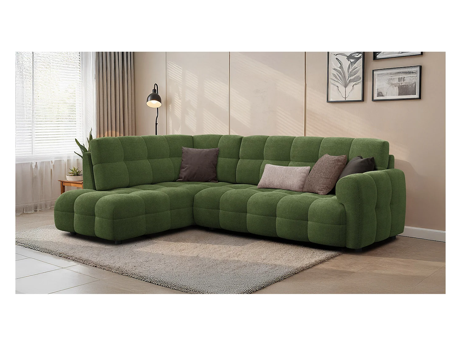 CANAPÉ D'ANGLE MELLOW 5 places, tissu vert