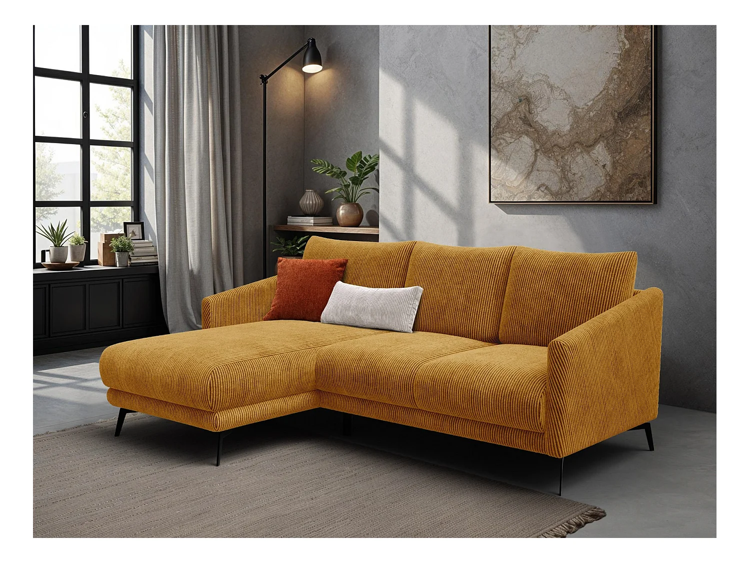 Canapé d'angle gauche 3 places VILT, tissu jaune foncé