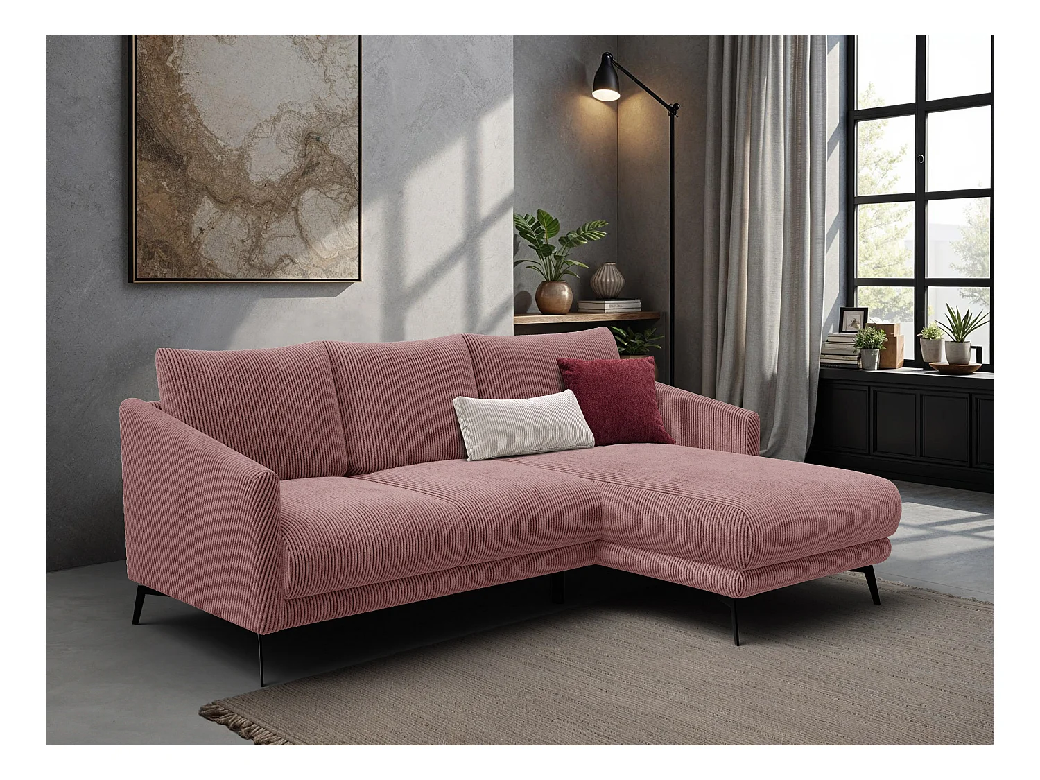 Canapé d'angle droit 3 places VILT, tissu rose