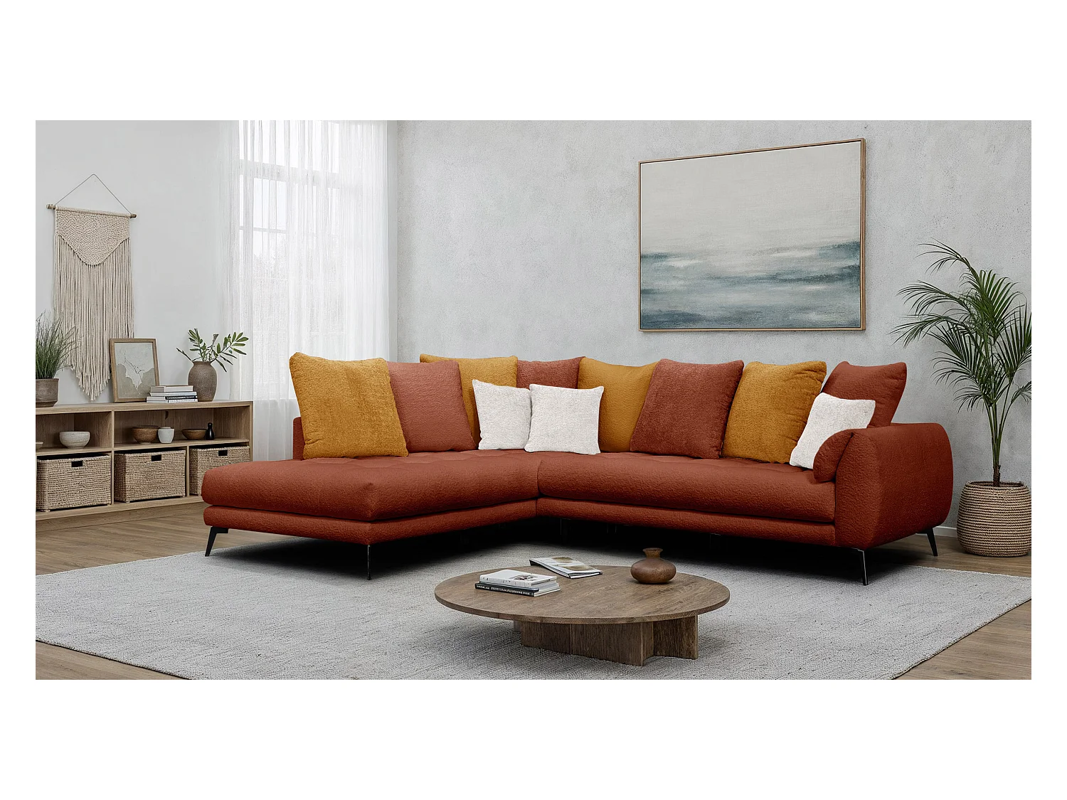 Canapé d'angle 5 places CALME, tissu orange foncé et écru