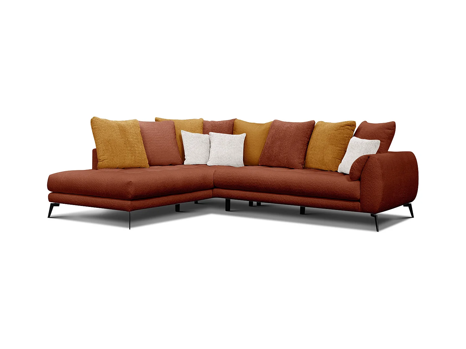 Canapé d'angle 5 places CALME, tissu orange foncé et écru