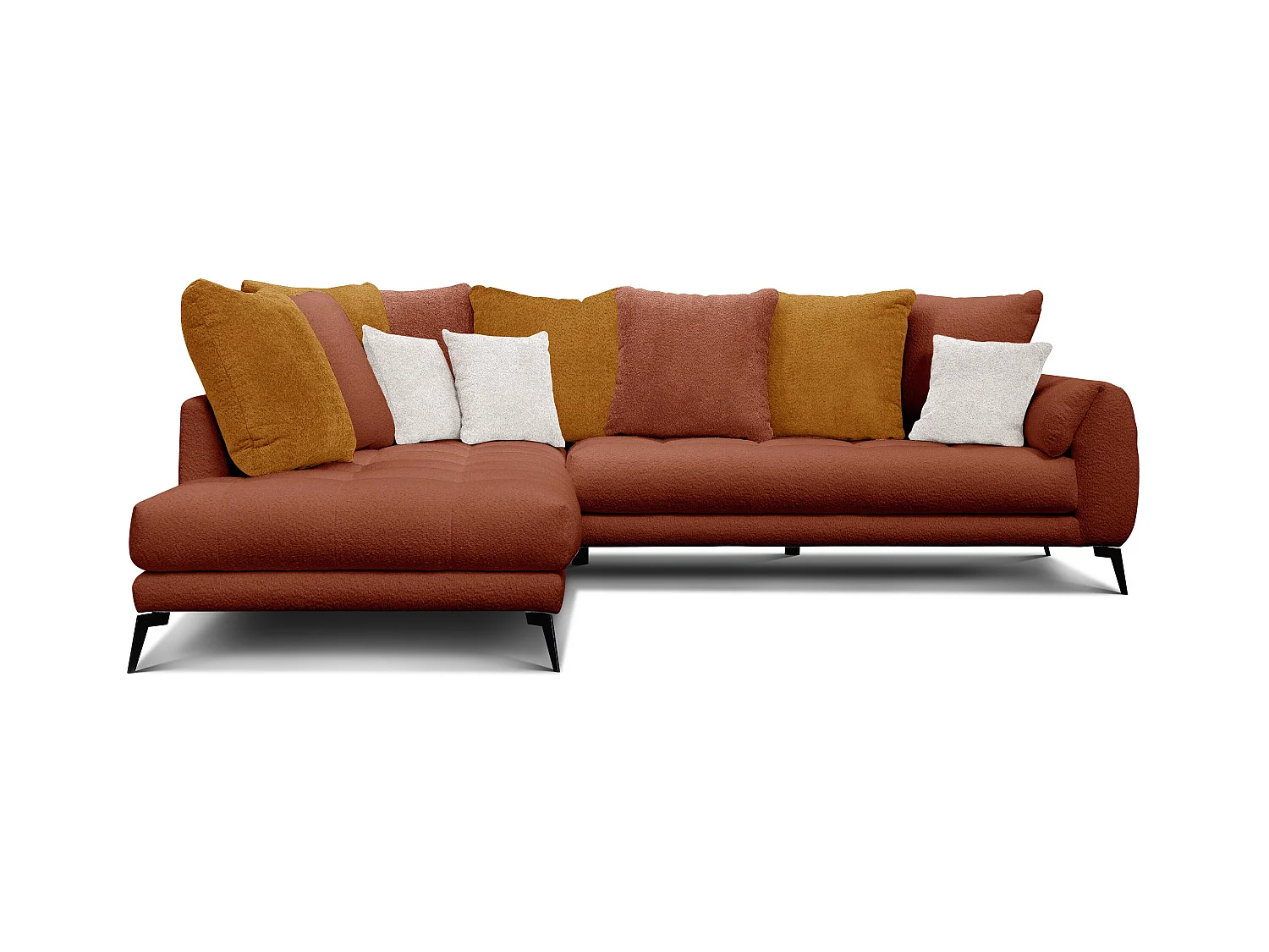 Canapé d'angle 5 places CALME, tissu orange foncé et écru