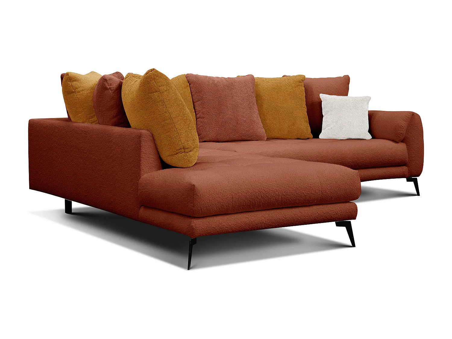 Canapé d'angle 5 places CALME, tissu orange foncé et écru