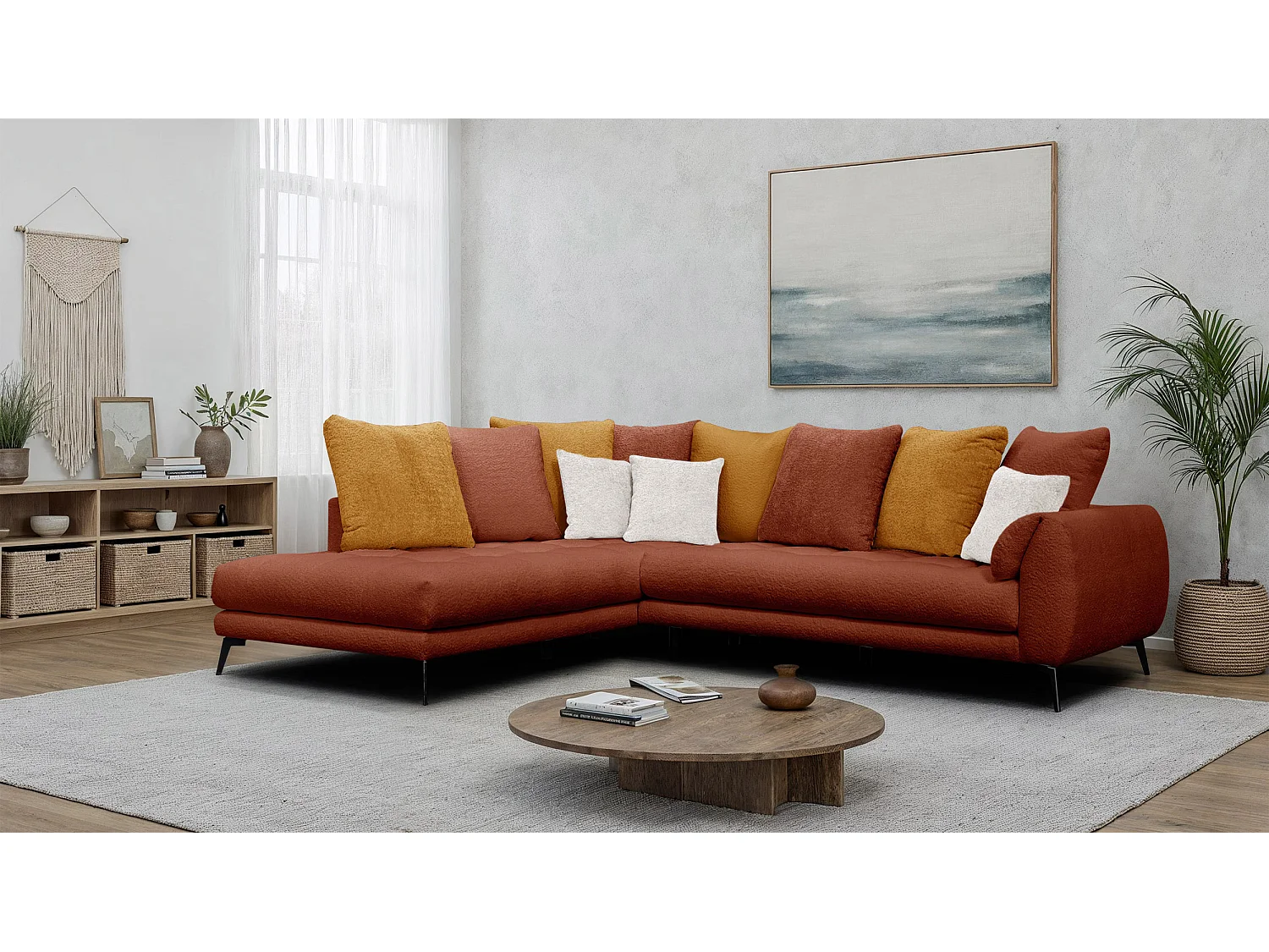 Canapé d'angle 5 places CALME, tissu orange foncé et écru
