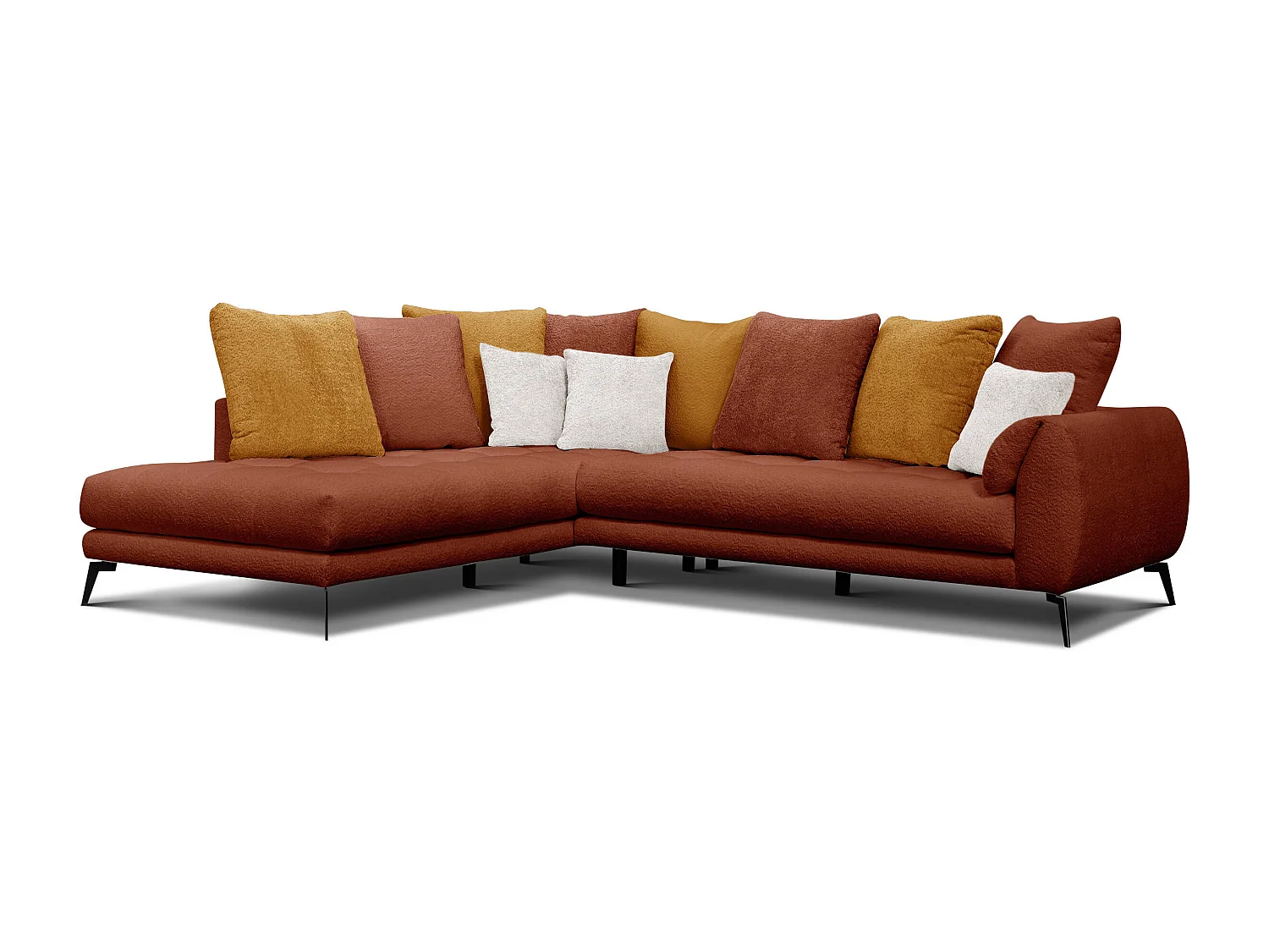 Canapé d'angle 5 places CALME, tissu orange foncé et écru