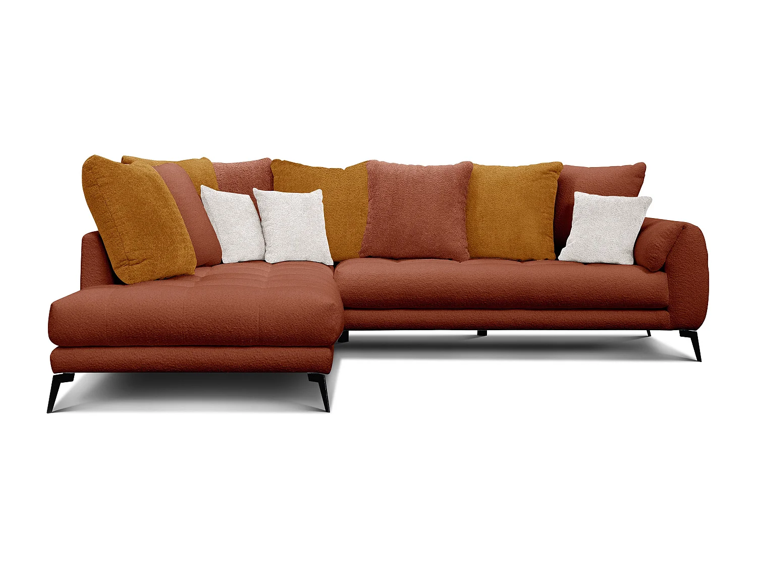Canapé d'angle 5 places CALME, tissu orange foncé et écru