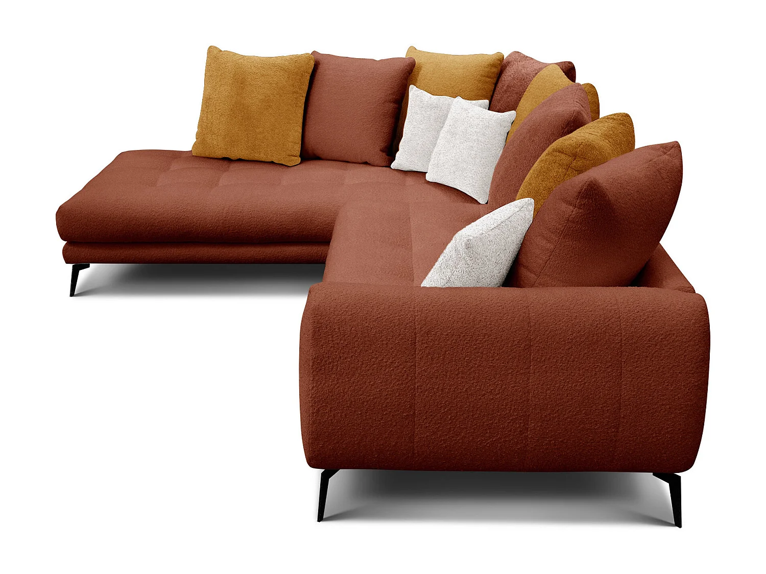 Canapé d'angle 5 places CALME, tissu orange foncé et écru