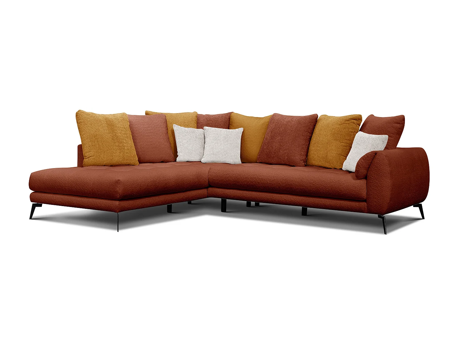 Canapé d'angle 5 places CALME, tissu orange foncé et écru