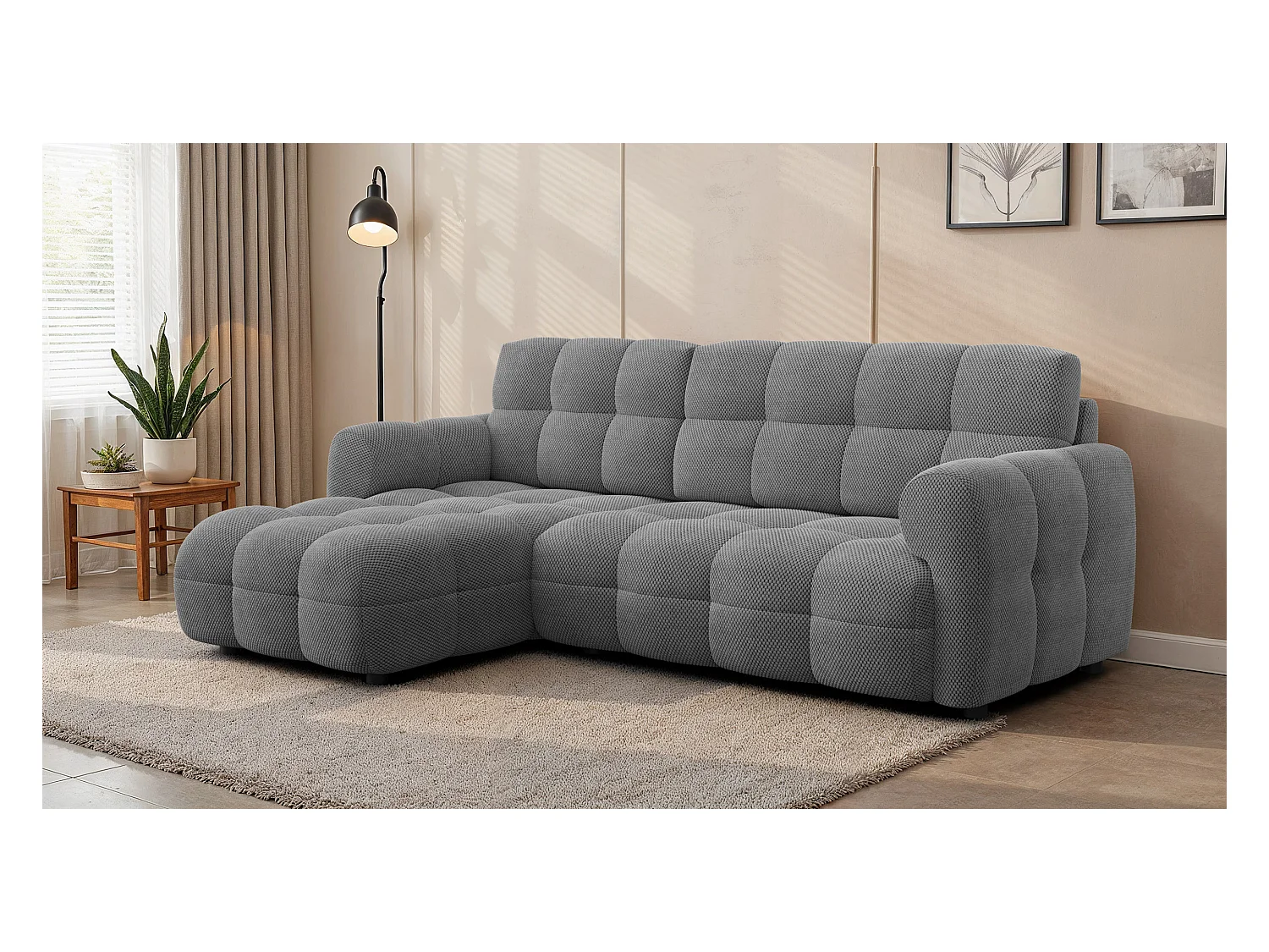 CANAPÉ D'ANGLE MELLOW 3 places, tissu gris