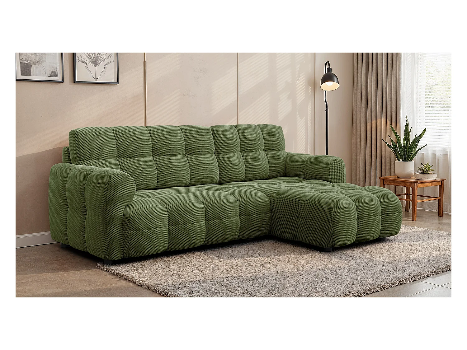 CANAPÉ D'ANGLE MELLOW 3 places, tissu vert