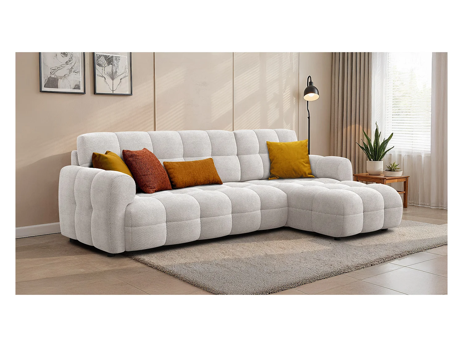 CANAPÉ D'ANGLE MELLOW 4 places, tissu crème