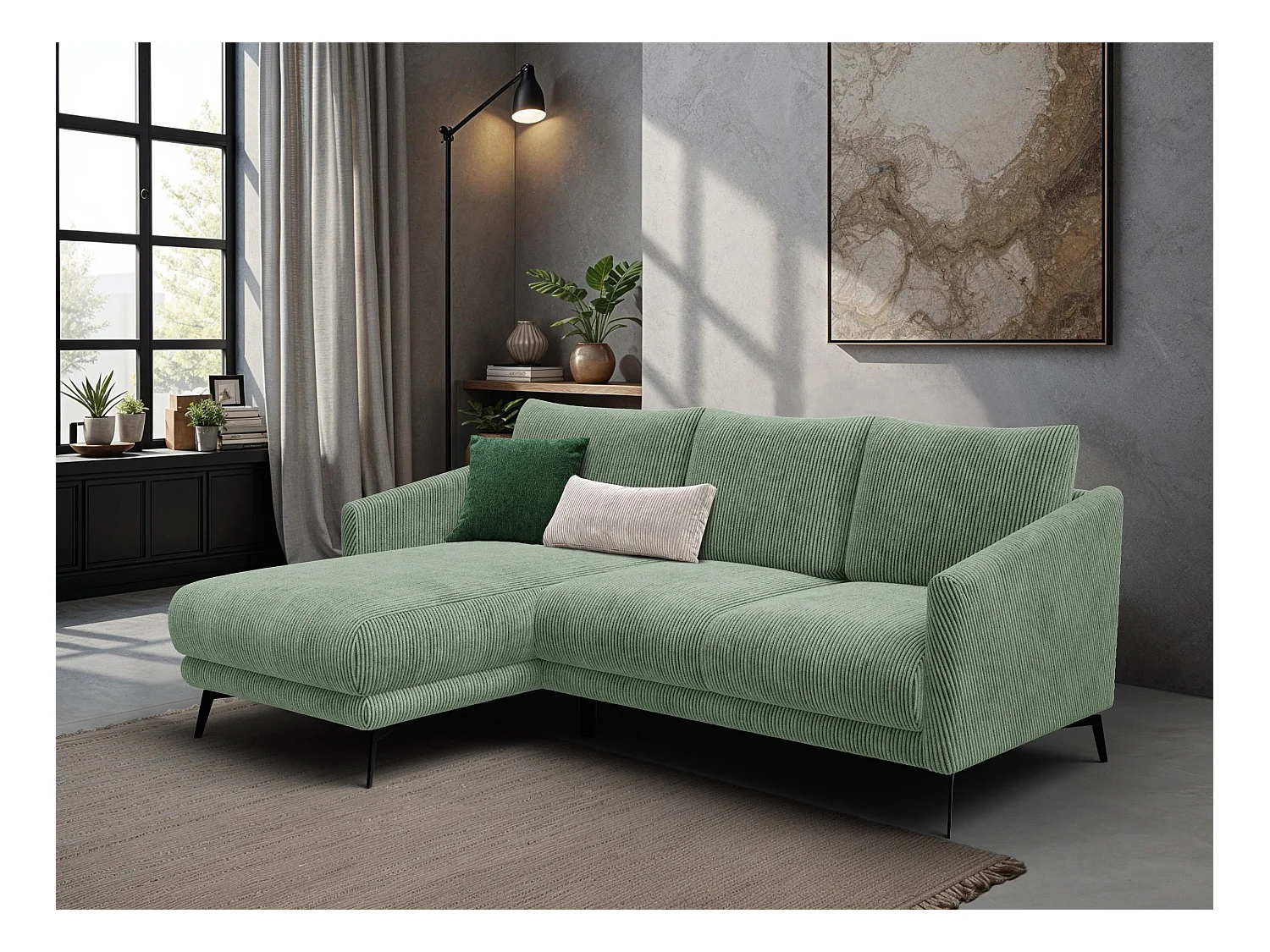 Canapé d'angle gauche 3 places VILT, tissu sauge