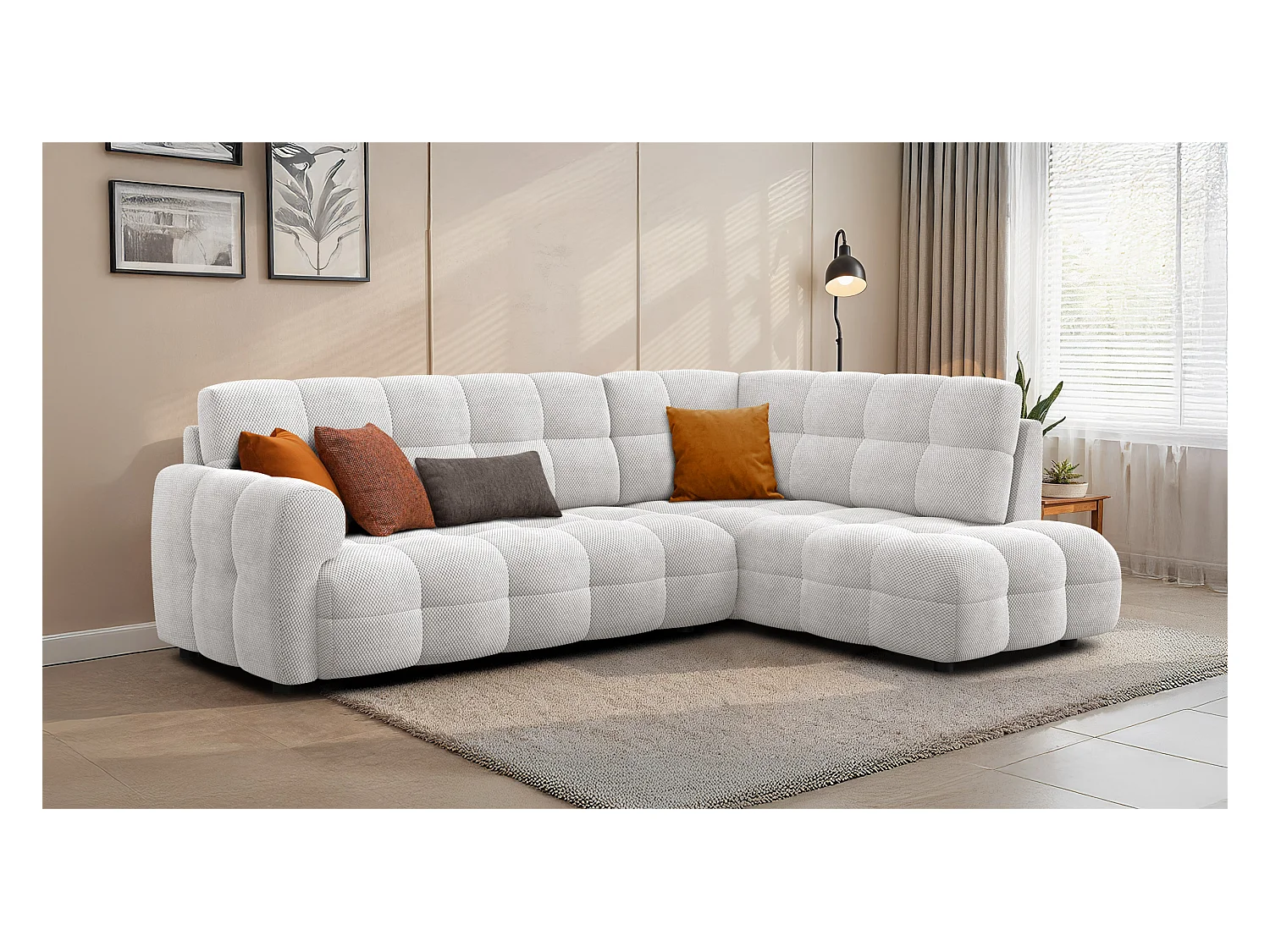 CANAPÉ D'ANGLE MELLOW 5 places, tissu crème