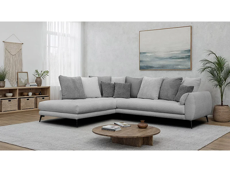 Canapé d'angle 5 places CALME, tissu gris clair et gris foncé