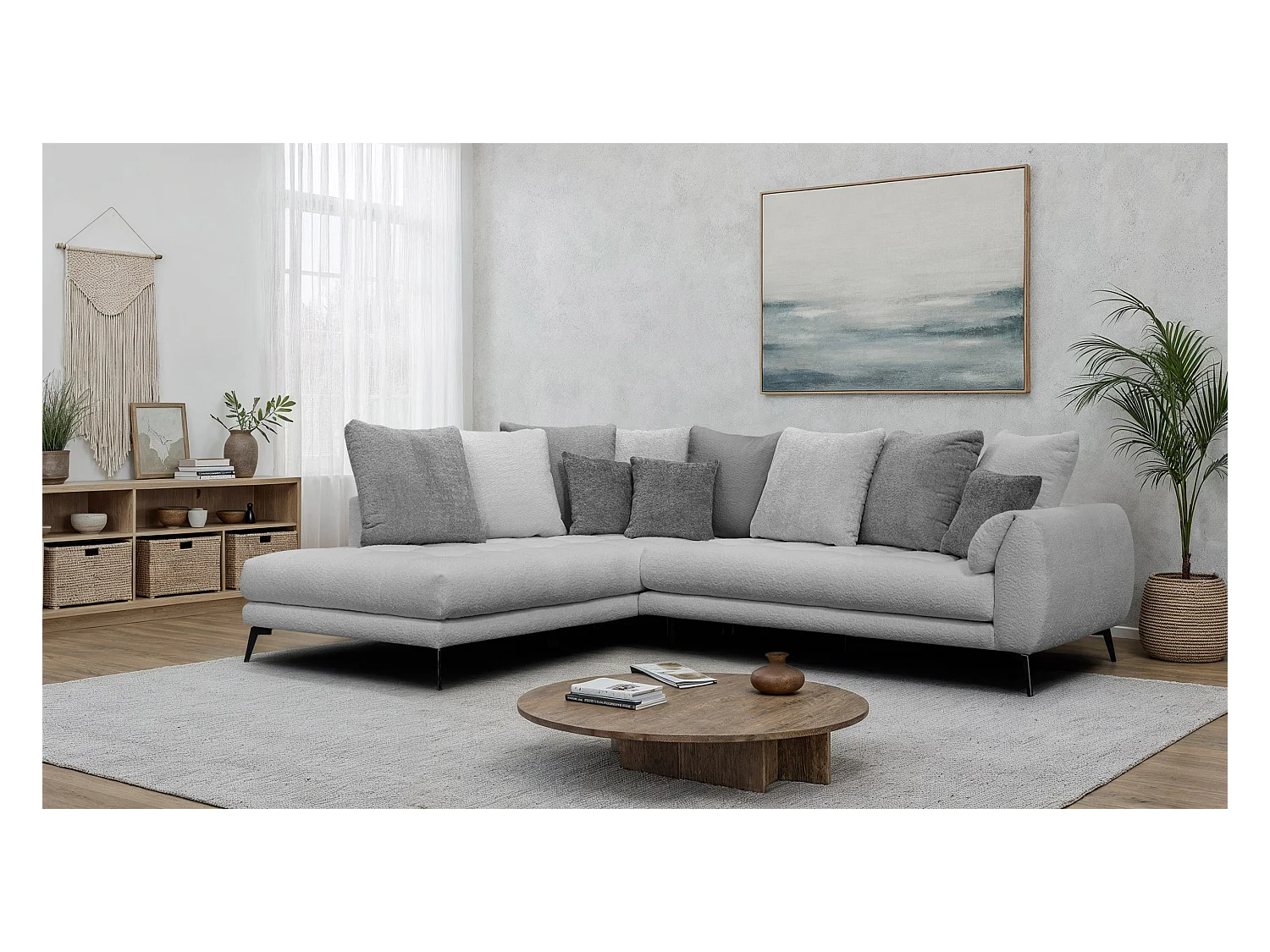 Canapé d'angle 5 places CALME, tissu gris clair et gris foncé