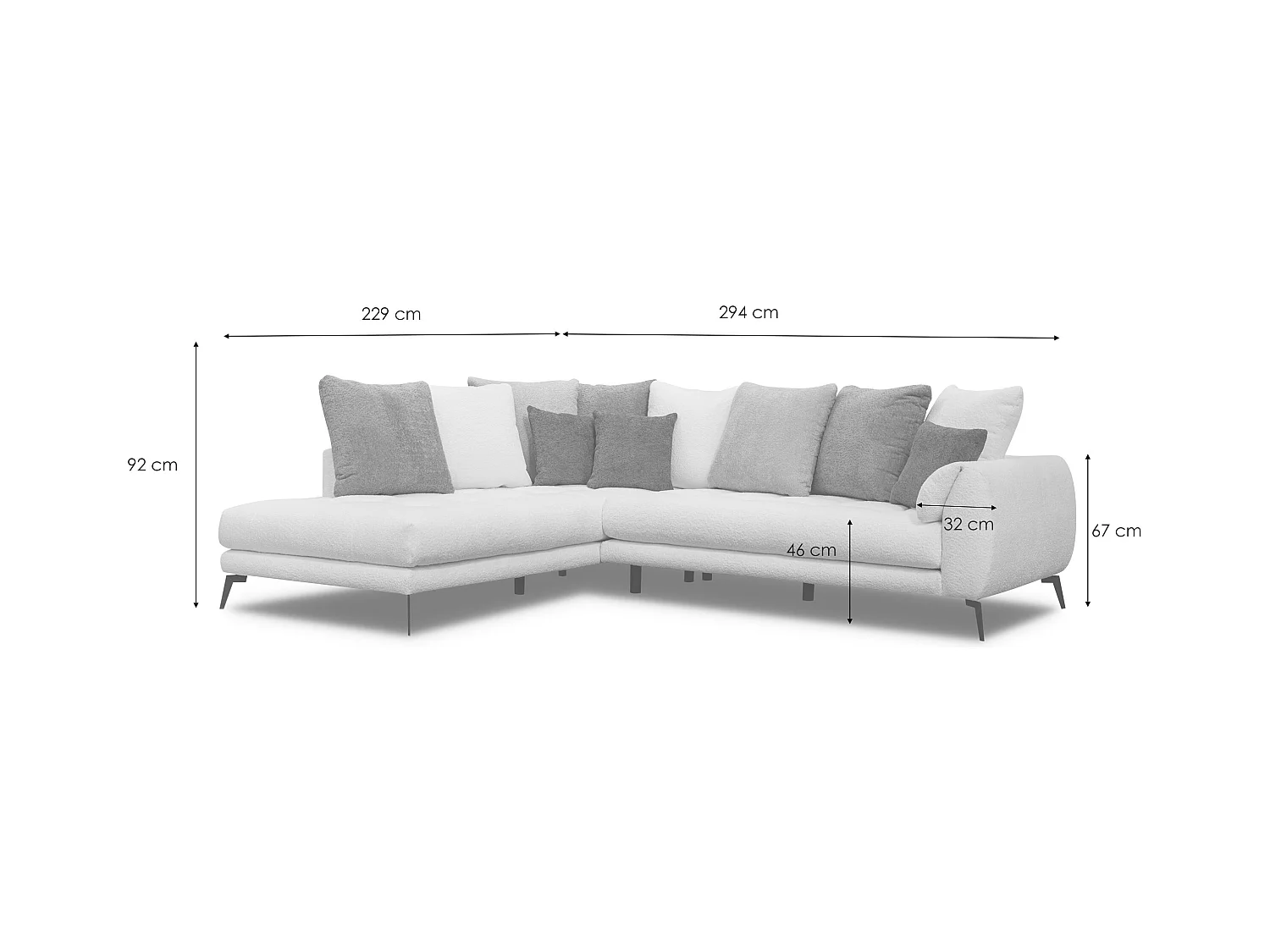 Canapé d'angle 5 places CALME, tissu gris clair et gris foncé