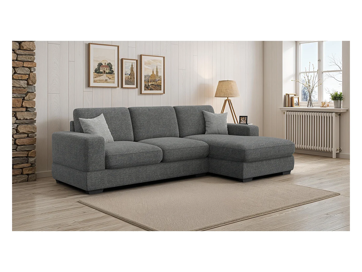 Canapé d'angle droit 4 places OTTO, tissu anthracite